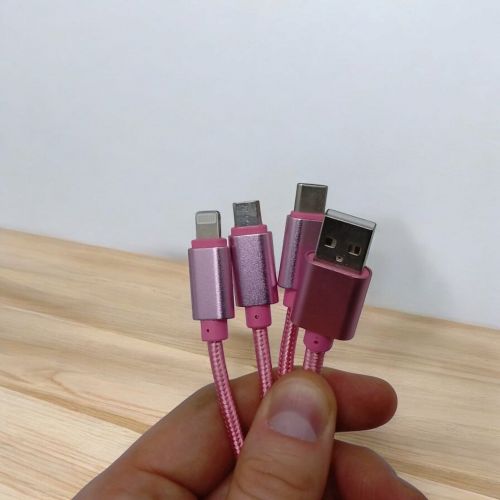 Кабель тканинний 3 в 1, MicroUSB, Type-C та Lightning (рожевий)