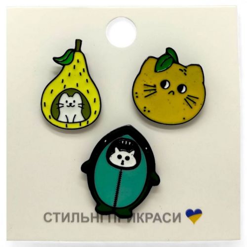 Уцінка. Металеві значки (піни) "КОТИКИ", 3 штуки Не повна комплектація